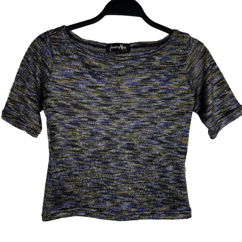 VTG Jessica Max Open Knit‎ Dark Metallic Cropped Top Sz S Whimsigoth Dark Fairy